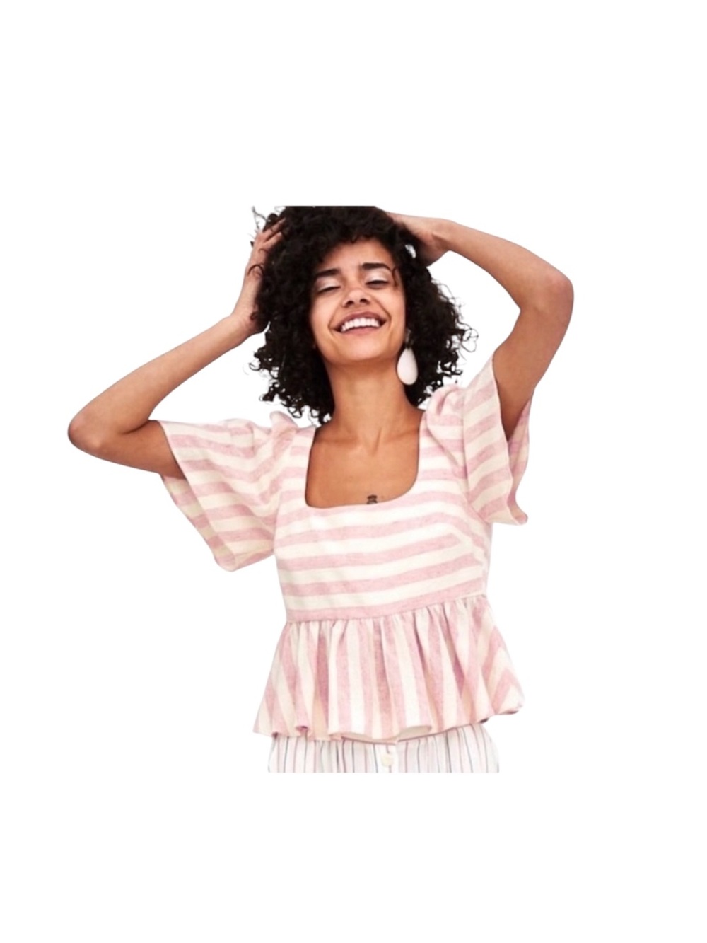 ZARA trf collection linen striped square neck peplum top - large